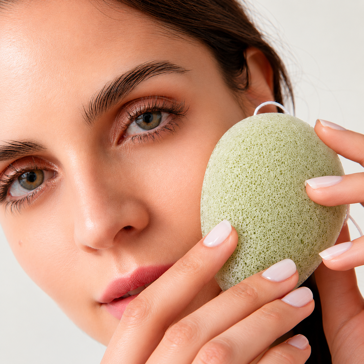 Woman gently cleansing her face with an aloe vera konjac facial sponge.