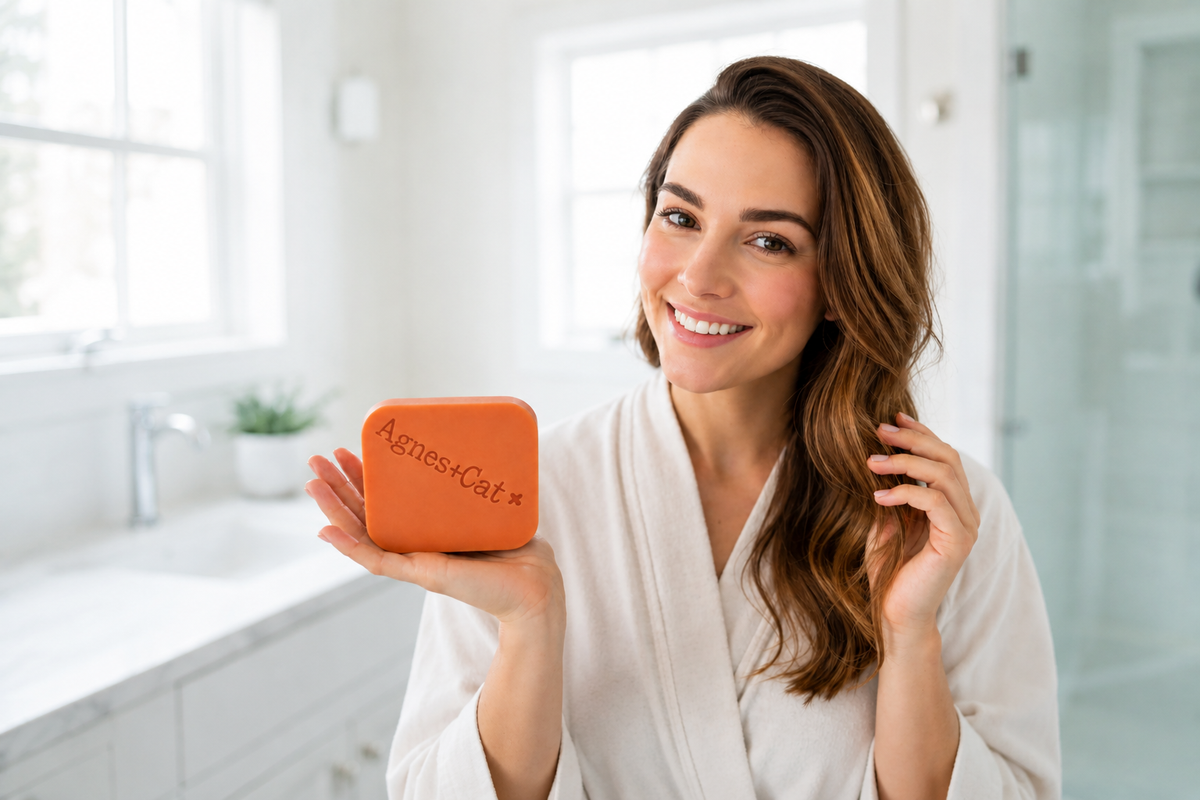 Woman holding an orange Agnes + Cat solid shampoo bar in a bright bathroom