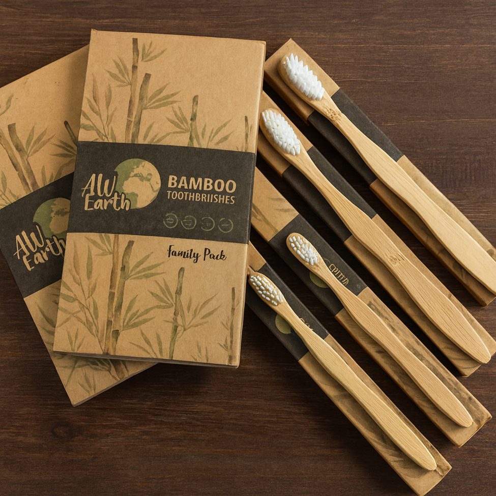 Lumaysa bamboo toothbrush family pack showing four eco-friendly toothbrushes made from natural bamboo
