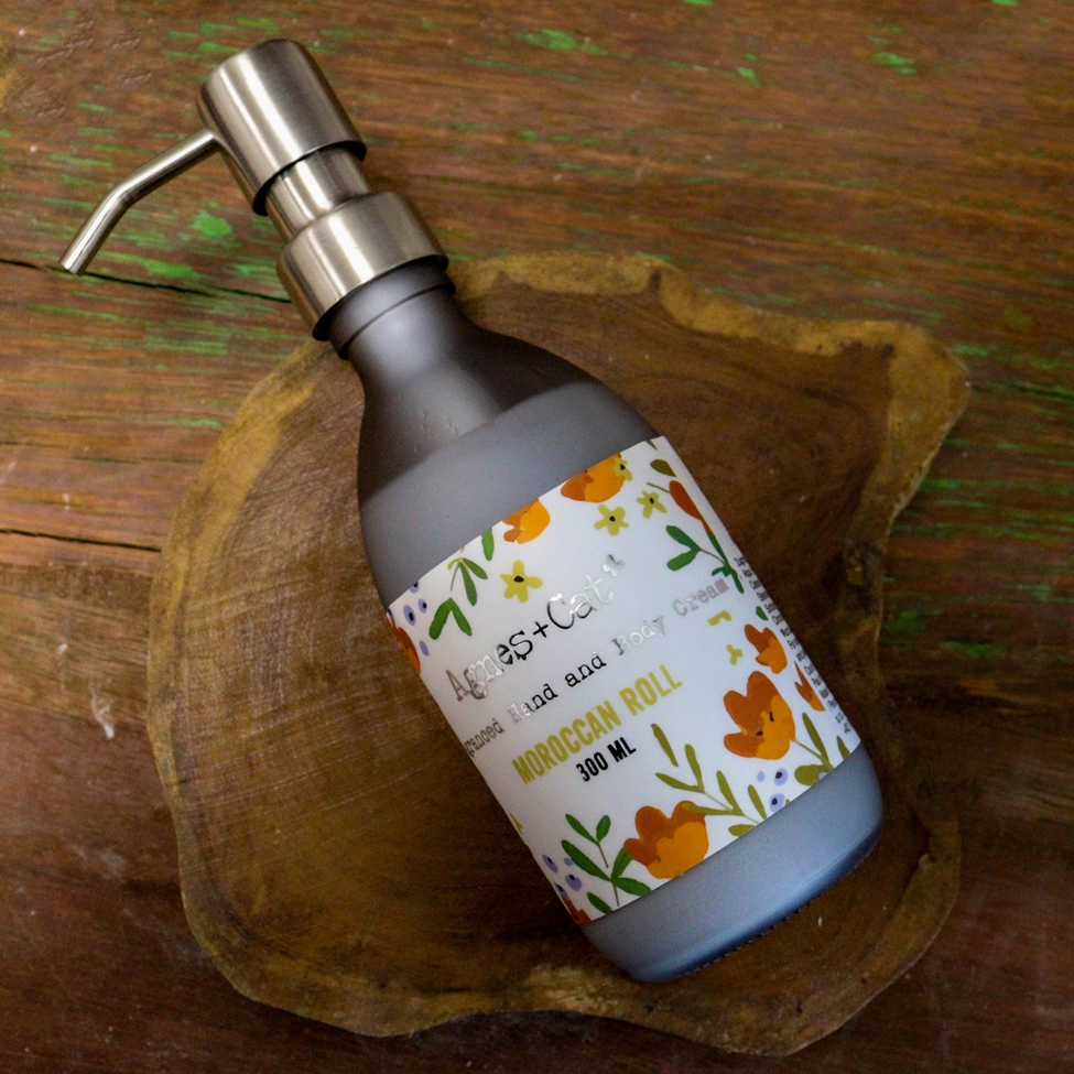 Close-up of Lumaysa Moroccan Bliss Hand & Body Lotion label showing Moroccan-inspired floral design and 300ml pump bottle packaging.