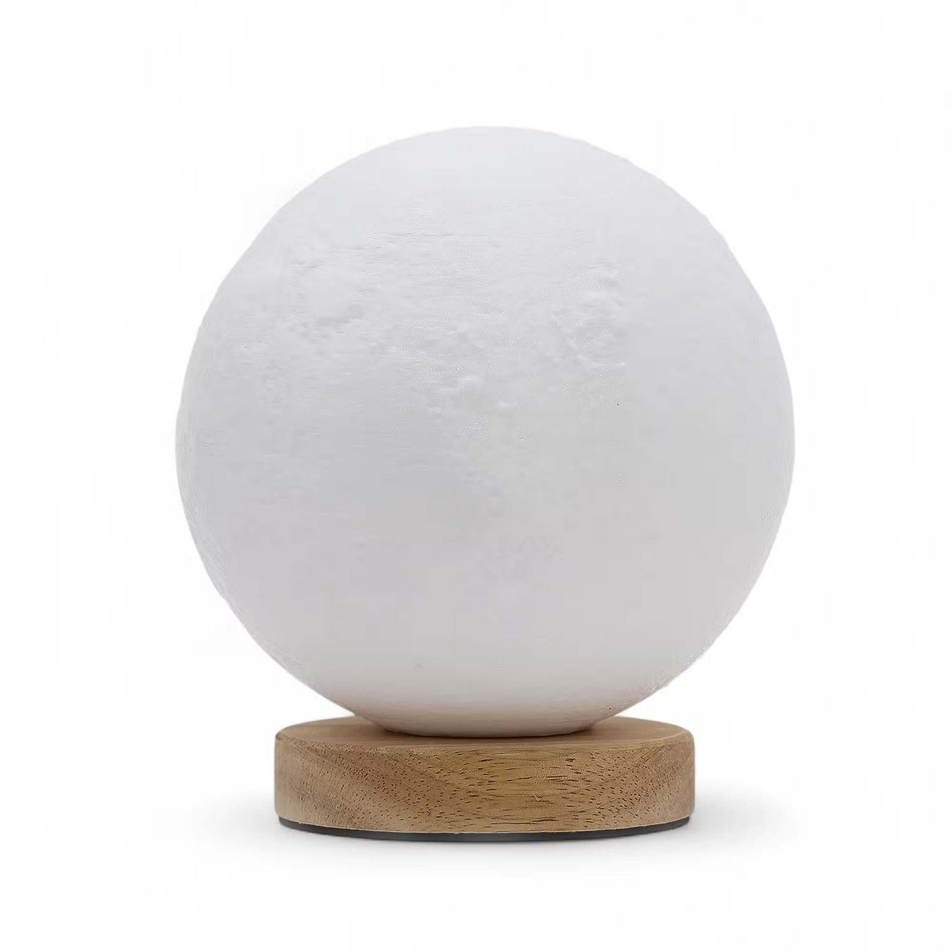 Lumaysa Moon Glow spherical table lamp with textured moon-inspired surface and natural wooden base, shown unlit on a clean white background.