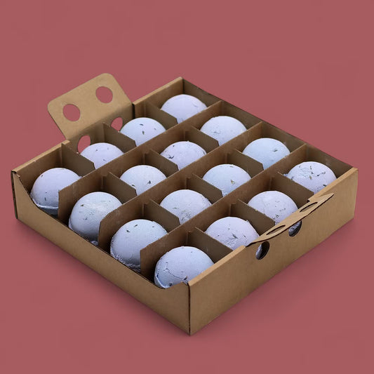 Lumaysa Midnight Calm lavender bath bomb set of 16 arranged in eco-friendly gift box, premium handmade spa bath bombs for relaxation