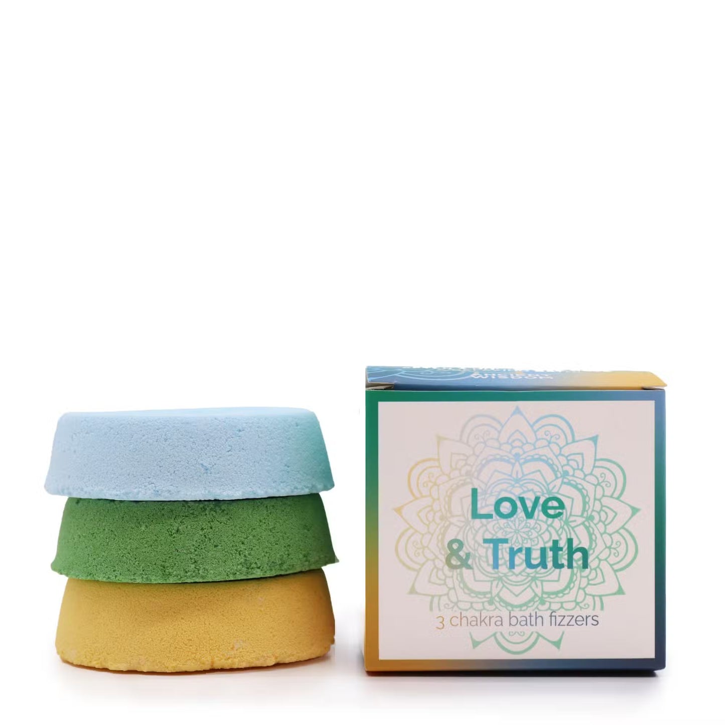 Stacked blue, green and yellow chakra bath fizzers next to Lumaysa Love & Truth mandala gift box on a clean white background, vegan aromatherapy bath set.
