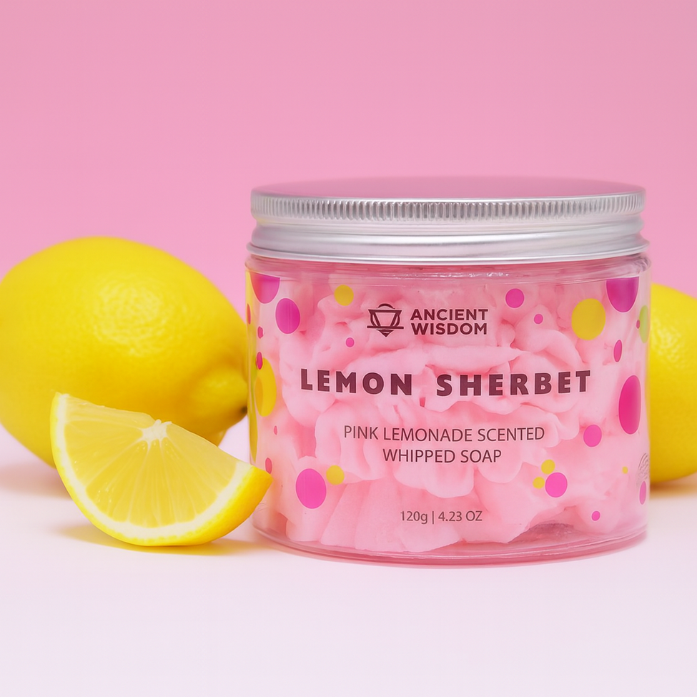 Lumaysa Pink Lemonade Whipped Cream Soap 120g with fresh lemons, pink whipped soap in jar, citrus scented vegan whipped body wash