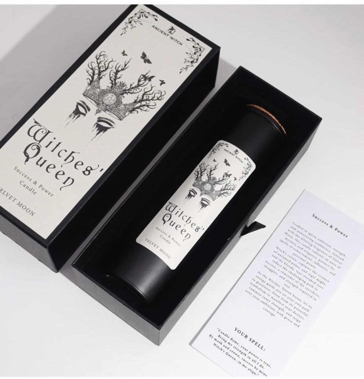 Witches’ Queen ritual candle Velvet Moon edition with intention ritual card and premium gift box packaging