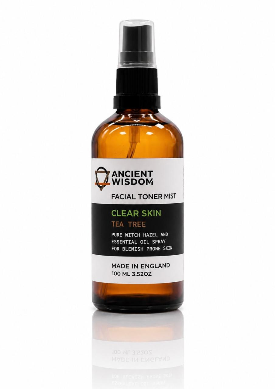 Lumaysa Tea Tree Clear Purifying Toner Mist 100ml in amber glass spray bottle, made in the UK with witch hazel and tea tree oil for blemish-prone skin