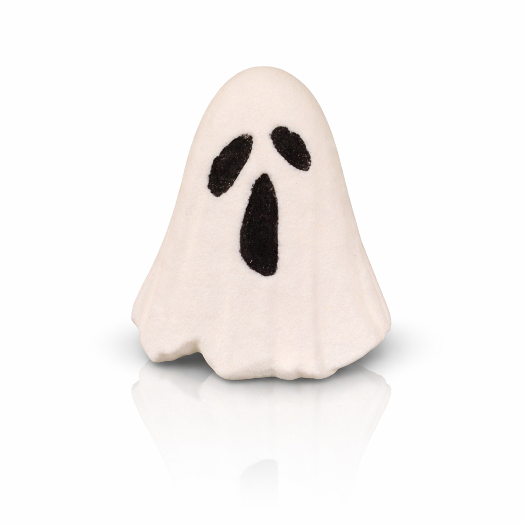 Ghost-shaped bath bomb with a clean white finish and reflection on a minimal background, luxury Halloween bath product by Lumaysa