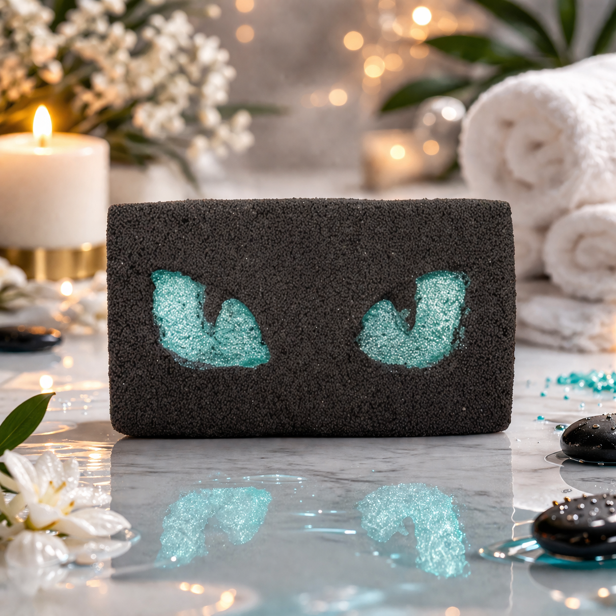Luxury cat eyes bath bomb on marble surface with candles and spa setup, relaxing Halloween self-care product