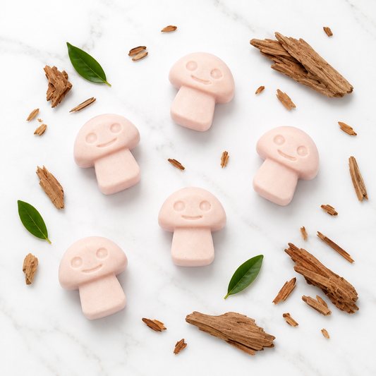 Dark Sandalwood soy wax melts with sandalwood pieces on white marble
