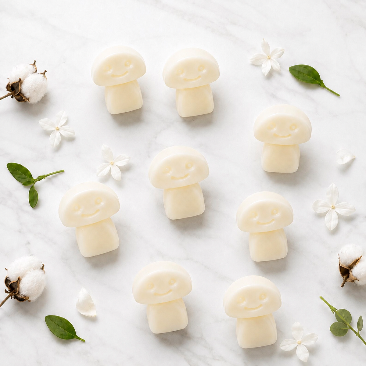 White Musk soy wax melts with cotton flowers and jasmine on white marble