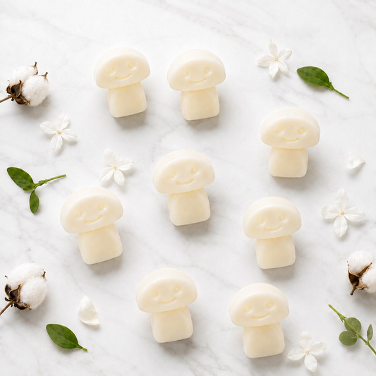 White Musk soy wax melts with cotton flowers and jasmine on white marble