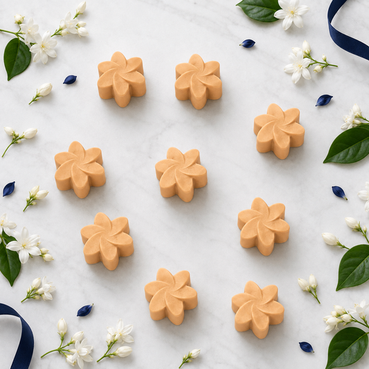 Midnight Jasmine soy wax melts surrounded by white jasmine flowers