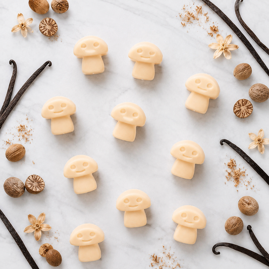 Vanilla Nutmeg soy wax melts with vanilla pods and whole nutmeg on white marble