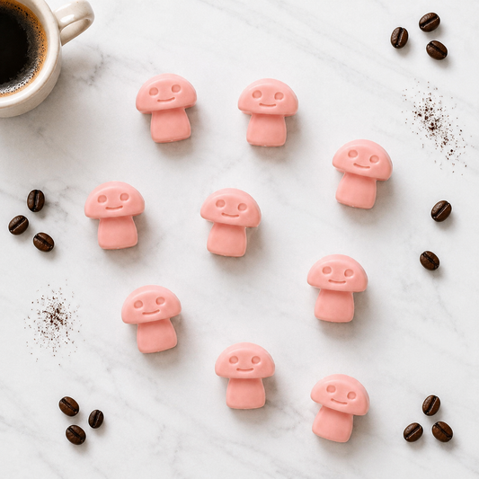 Coffee Trader soy wax melts with roasted coffee beans on white marble