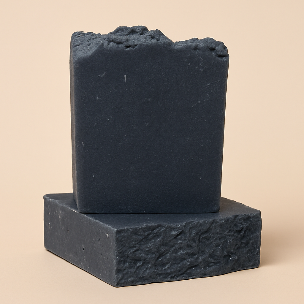 Lumaysa Dead Sea Mud & Olive Oil Soap standing on a soap , close-up of handcrafted texture