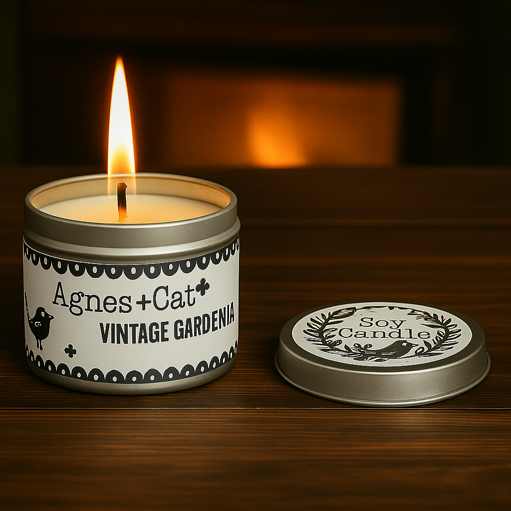 Lumaysa Vintage Gardenia Soy Candle by Agnes + Cat lit on wooden table with silver tin lid