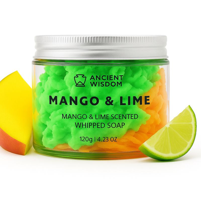 Lumaysa Mango & Lime Whipped Cream Soap 120g in clear jar with fresh mango and lime on white background