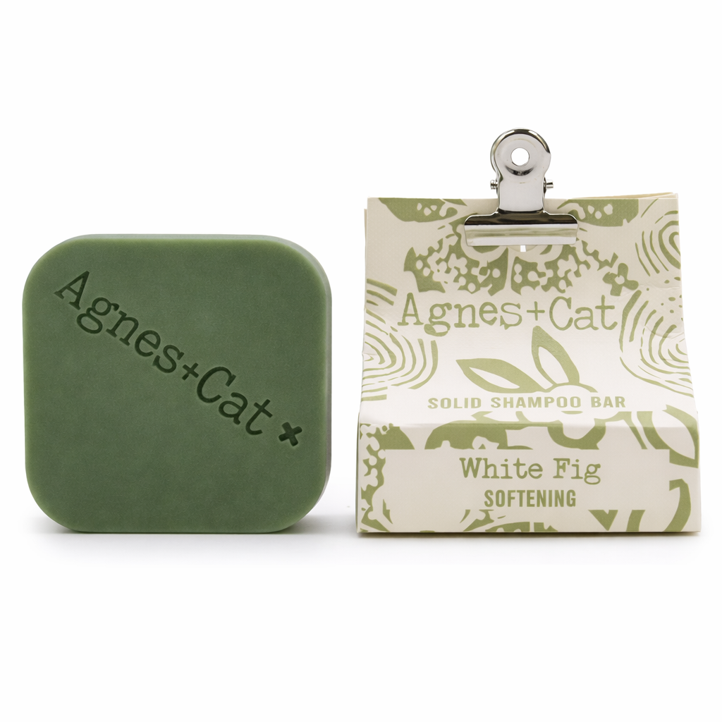 Lumaysa White Fig Solid Shampoo Bar by Agnes + Cat with embossed packaging – vegan plastic-free hair care