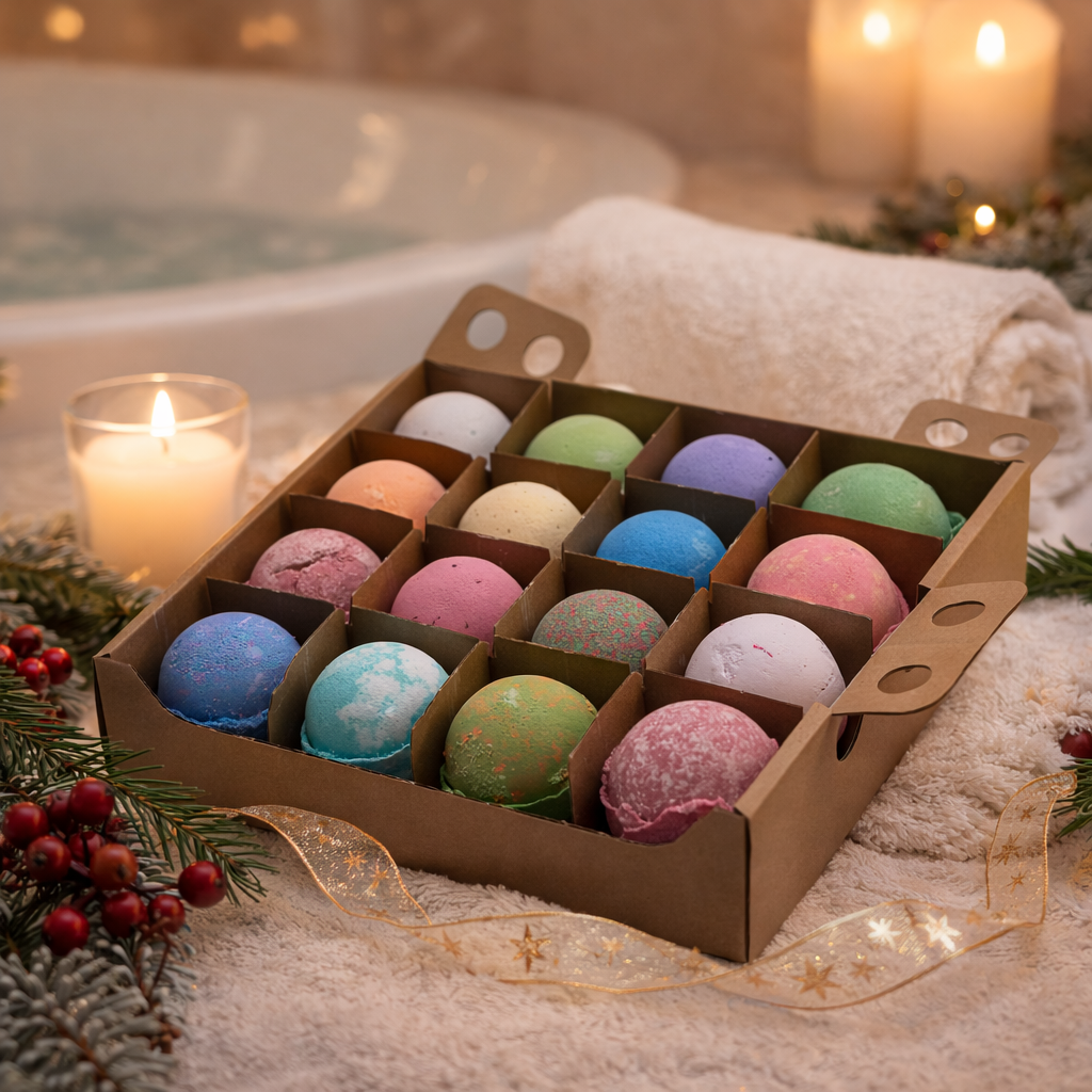 Lumaysa Random Bliss jumbo bath bombs gift set displayed in a cozy spa setting with candles, towels and festive decor, colourful handmade bath bombs in eco-friendly box