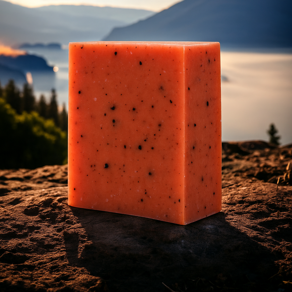 Orange & Ginger clay bar soap, 140g exfoliating bar with coffee grounds on stone background