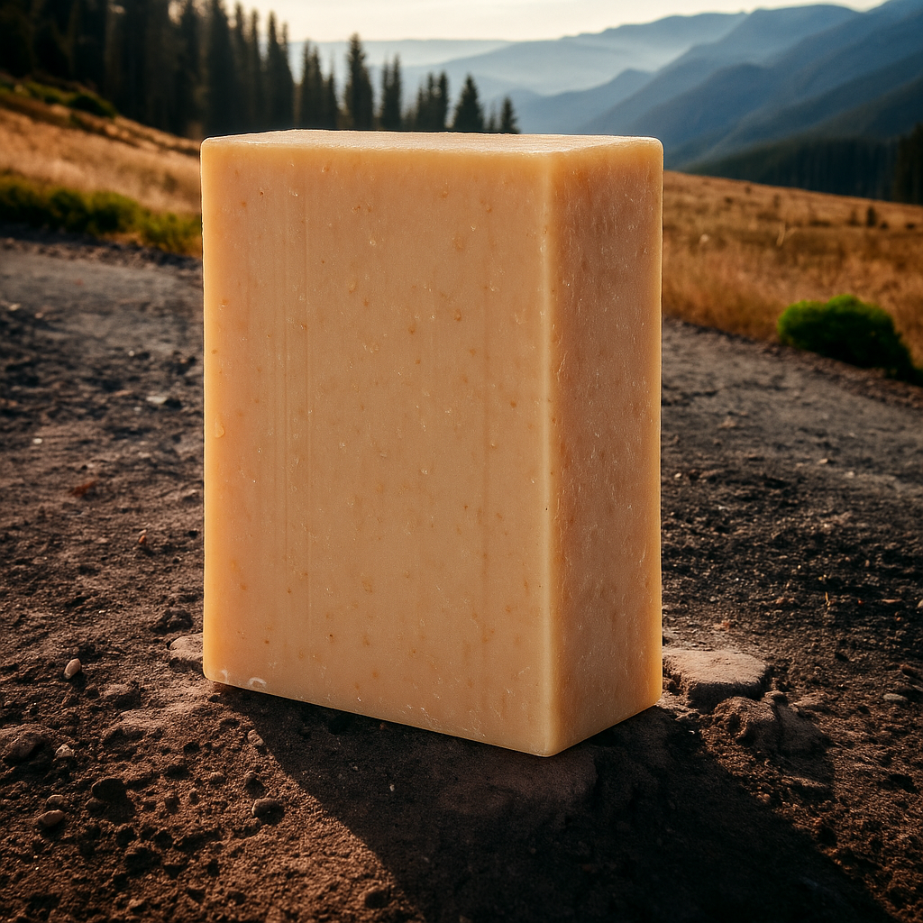 Honey & Oat Soothing Bar Soap standing upright on a rock with natural outdoor background.
