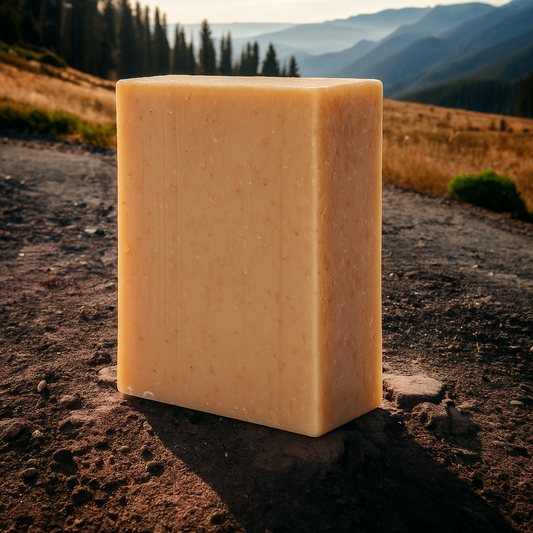 Honey & Oat Soothing Bar Soap standing upright on a rock with natural outdoor background.