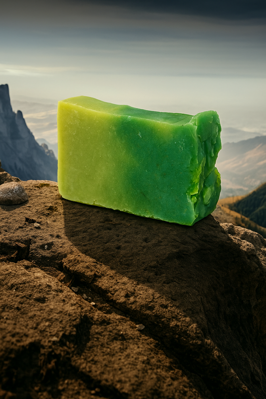 Lumaysa green marbled bar soap standing on a rock with a mountain landscape — hero product photo.
