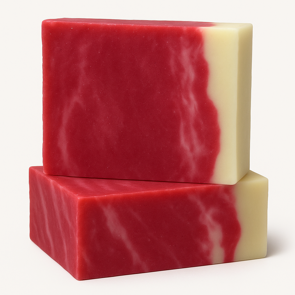 Lumaysa Rosy Vibes rosehip & olive oil soap — two red-and-cream marbled bars stacked on a white background