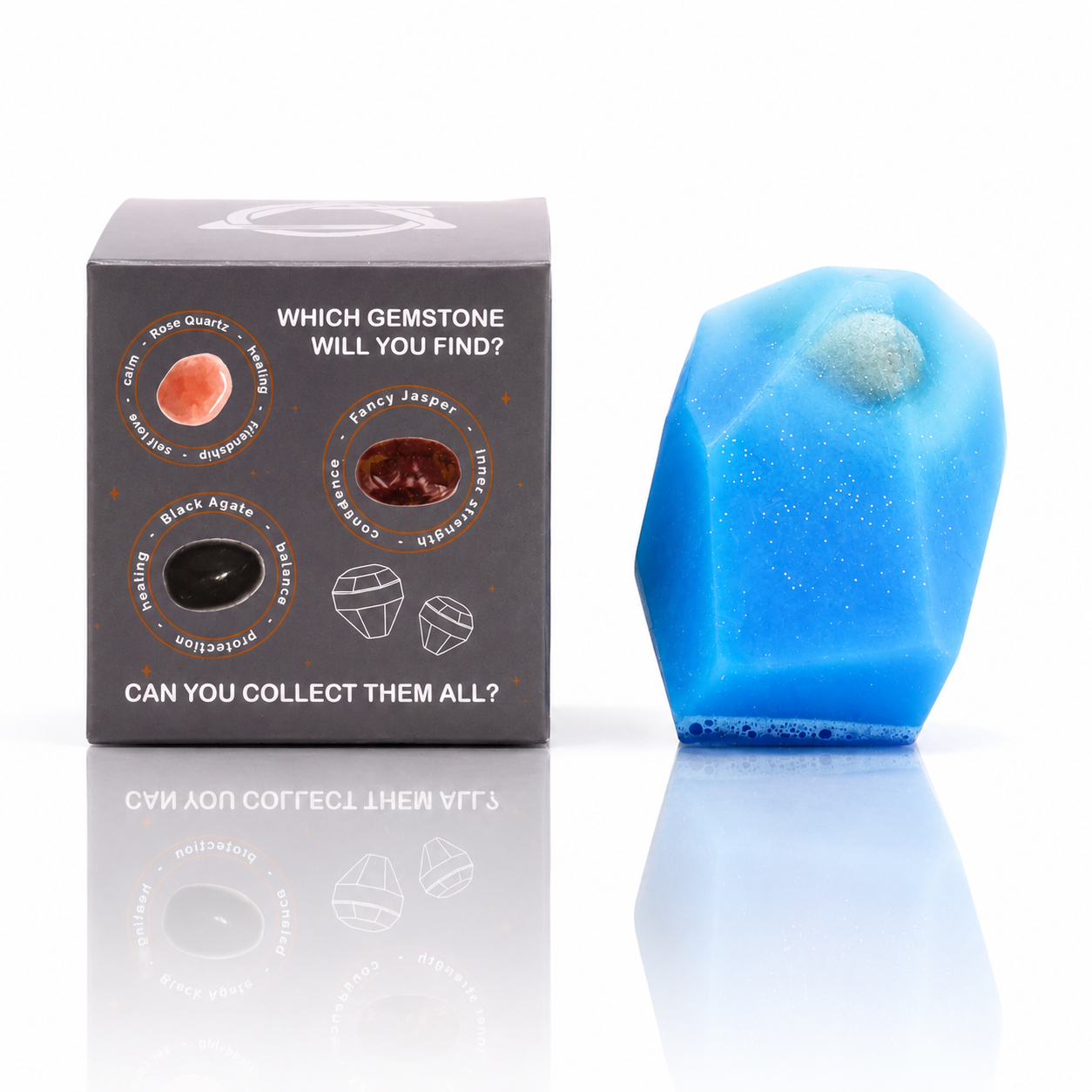 Blue gemstone finder tool with packaging on a white background