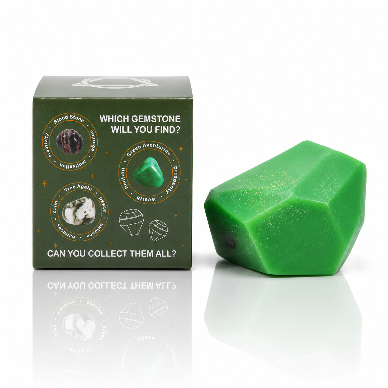 Green gemstone-shaped product with packaging labeled 'Which gemstone will you find?' on a white background.