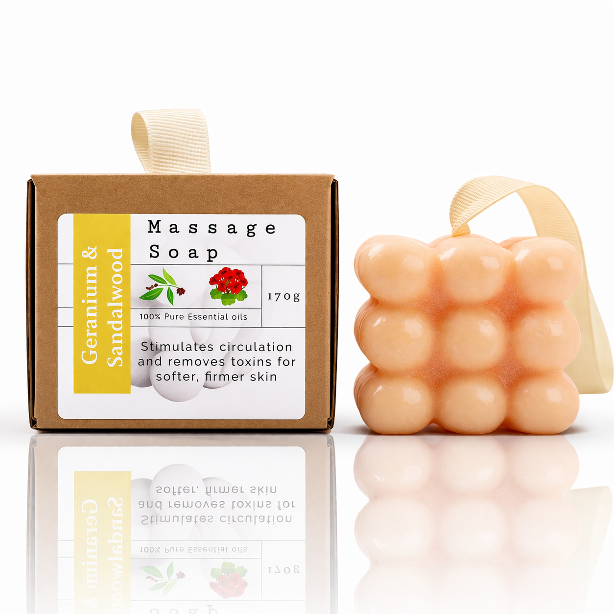Massage soap with packaging, geranium and sandalwood body bar