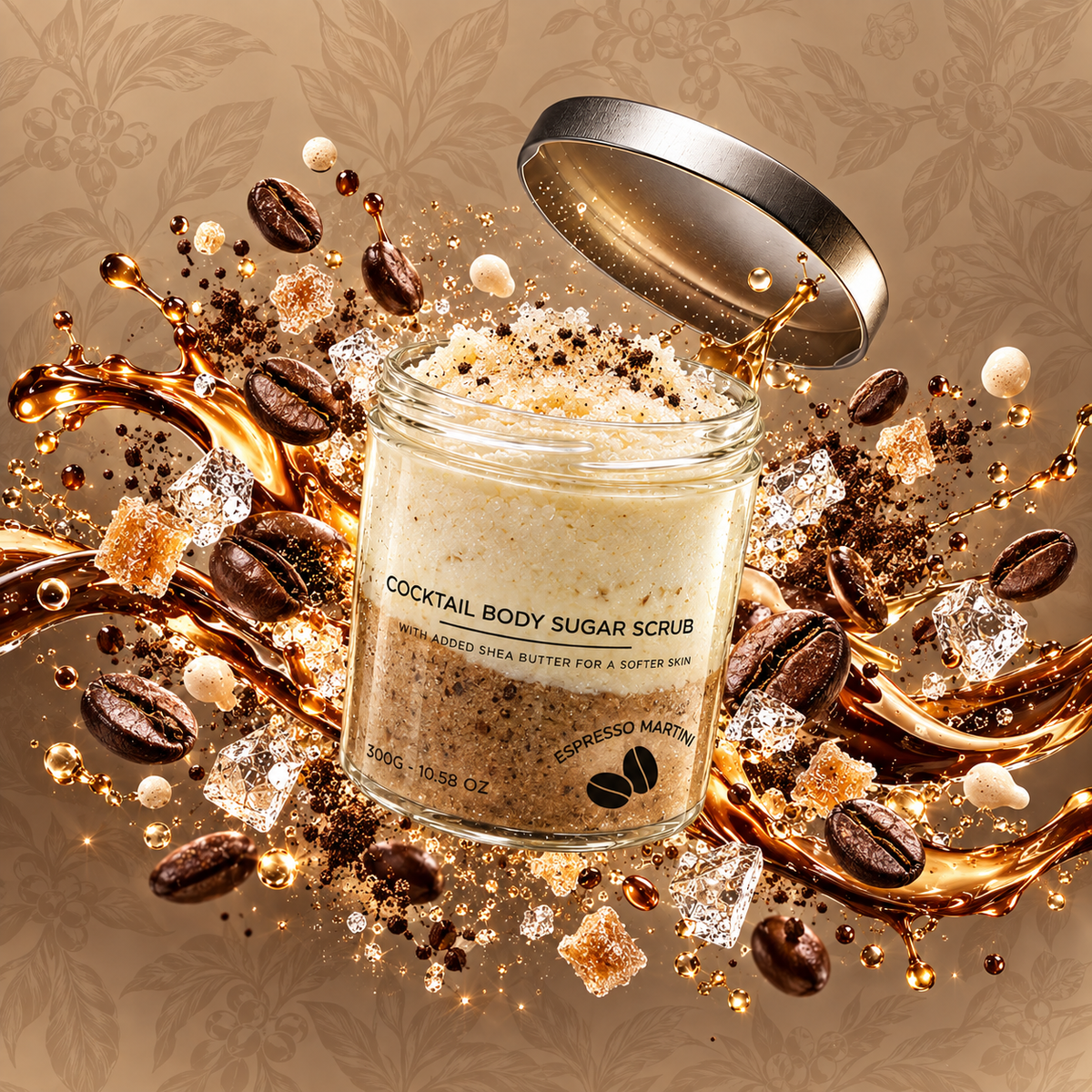 Open Espresso Martini sugar body scrub jar surrounded by coffee beans, sugar crystals and a dynamic espresso-caramel splash.