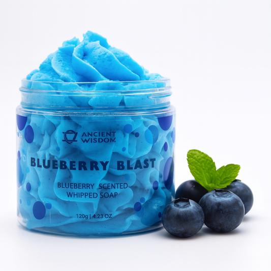 Lumaysa Blueberry Whipped Cream Soap 120g in a clear jar with fresh blueberries, vegan SLS-free whipped body wash.