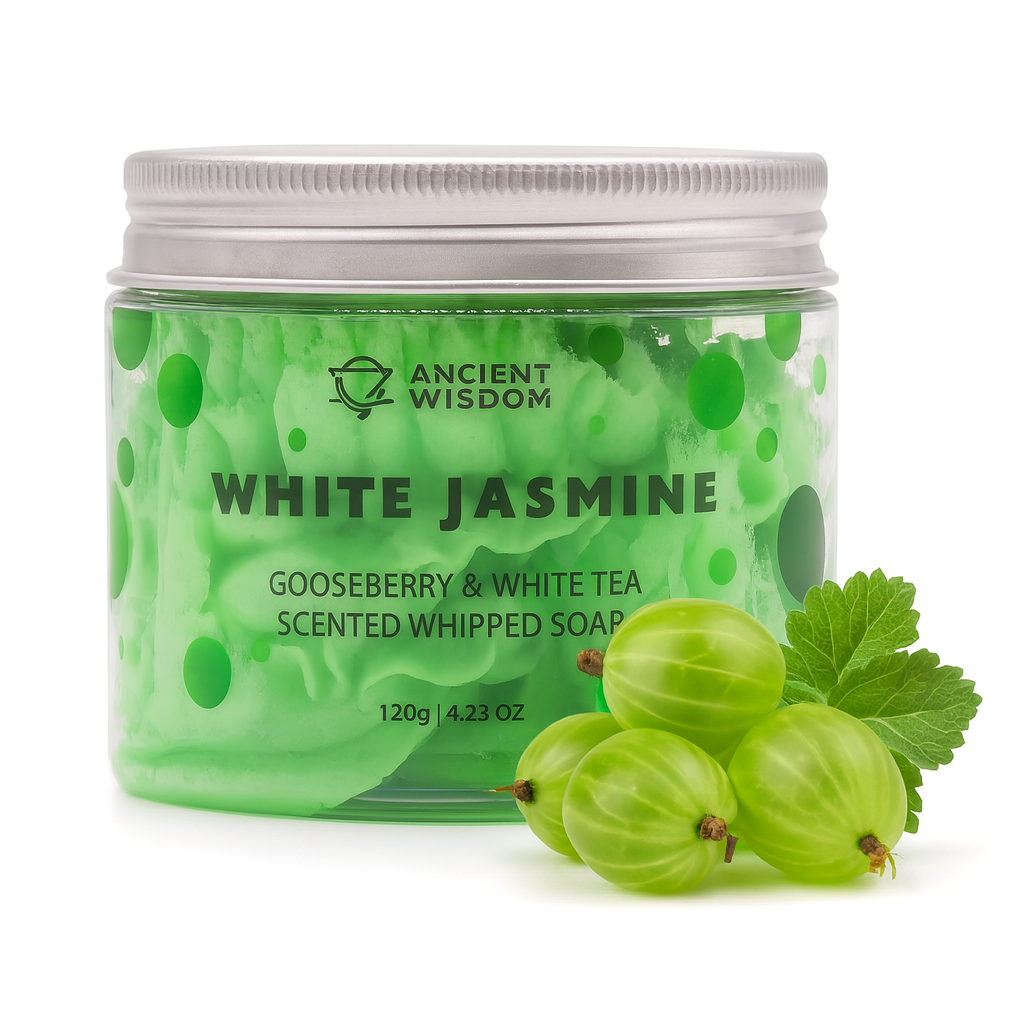Lumaysa White Jasmine Whipped Cream Soap 120g with Gooseberry & White Tea scent in glass jar on white background