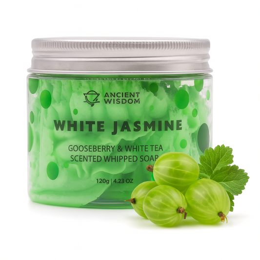 Lumaysa White Jasmine Whipped Cream Soap 120g with Gooseberry & White Tea scent in glass jar on white background