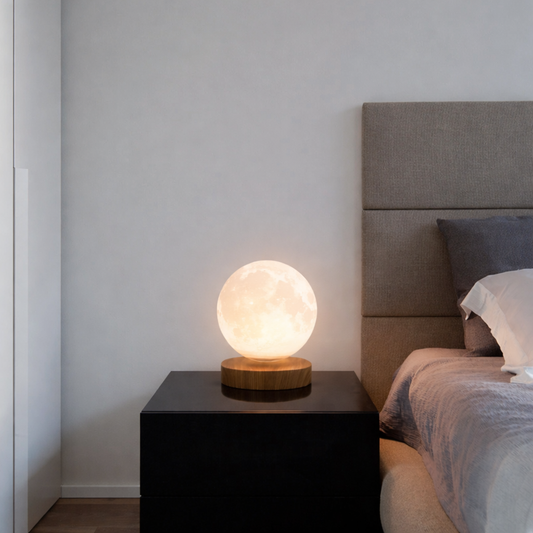 Lumaysa 3D Moon Glow ambient table lamp with sculpted lunar design creating a soft, glowing light for relaxing ambiance.