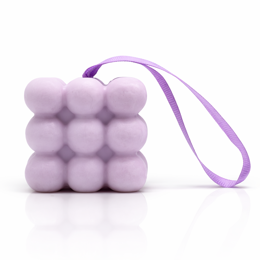 Lavender massage soap bar with bubble texture and ribbon, handmade body sculpt soap for smoothing and relaxing skin