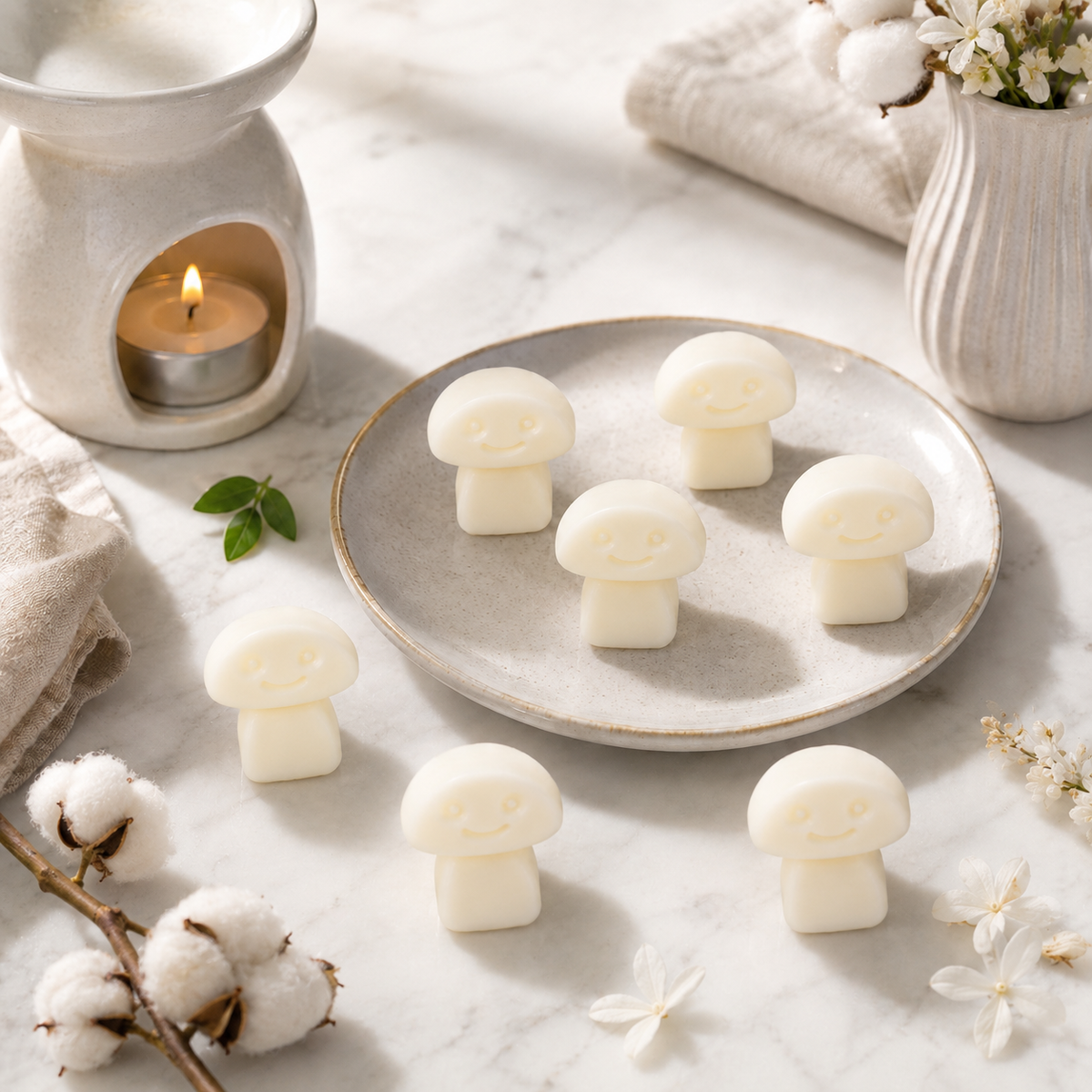 White Musk soy wax melts beside a lit wax burner with cotton and white flowers
