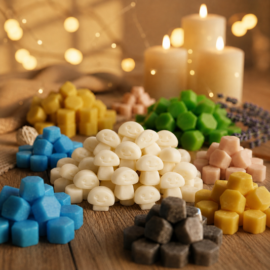 White Musk soy wax melts displayed with colourful wax melts and candles