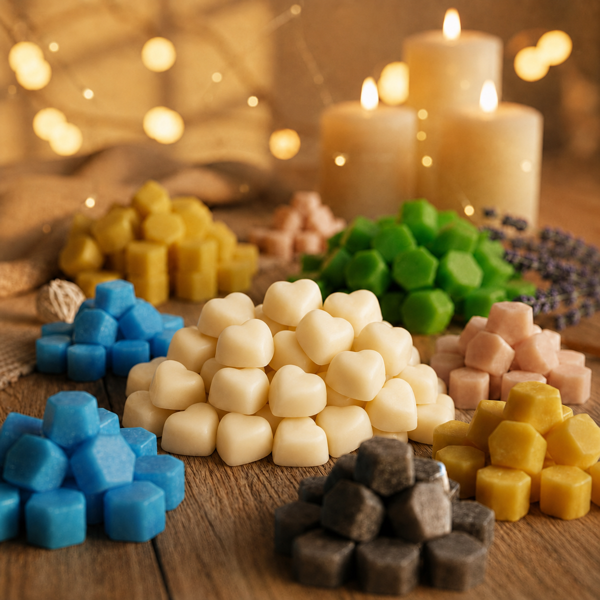 Cinnamon and Orange soy wax melts displayed with colourful melts and candles