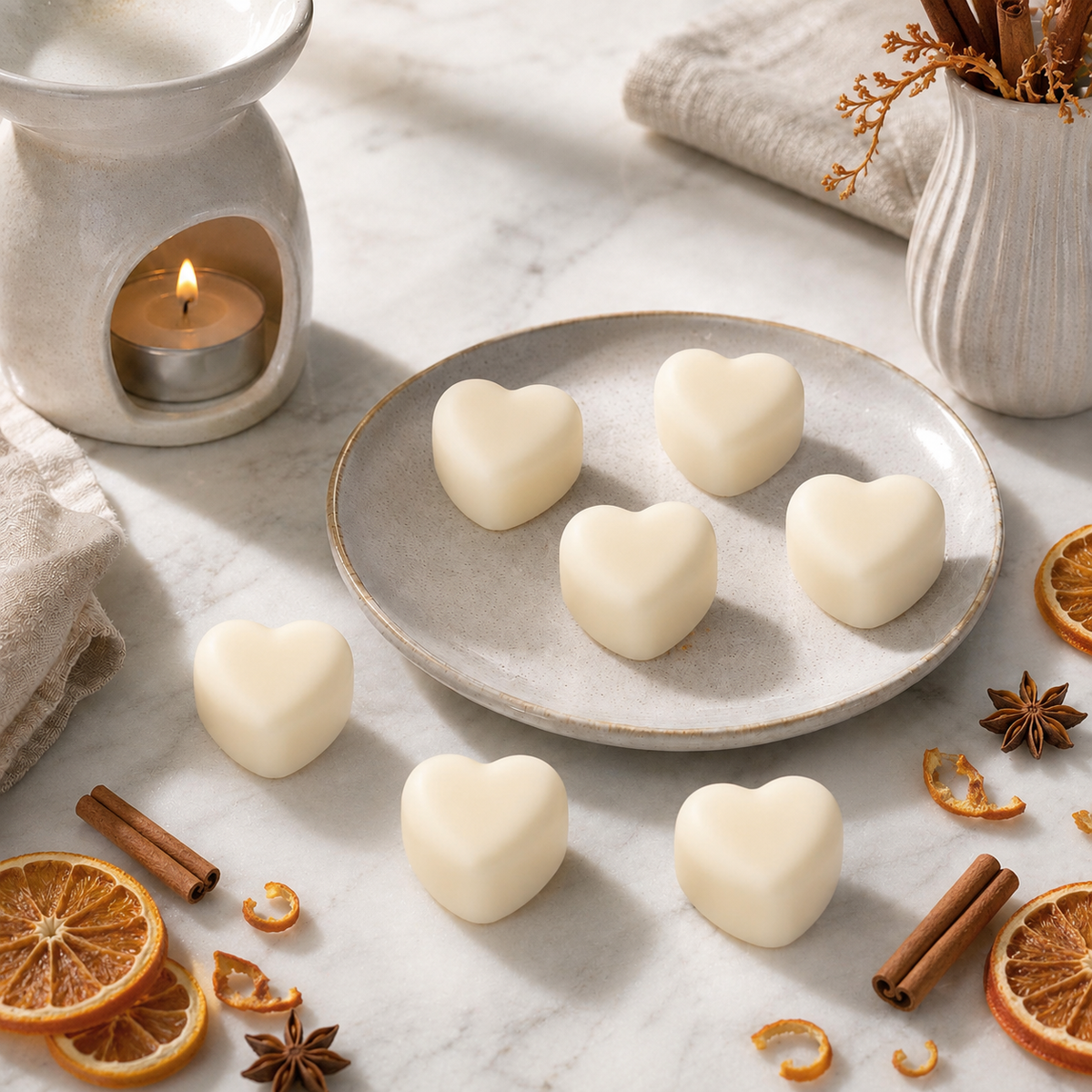 Cinnamon and Orange soy wax melts beside a lit wax burner with festive spices