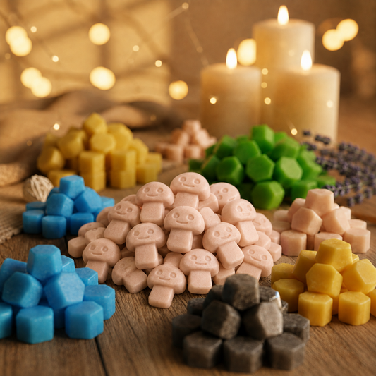 Dark Sandalwood soy wax melts displayed with colourful wax melts and candles