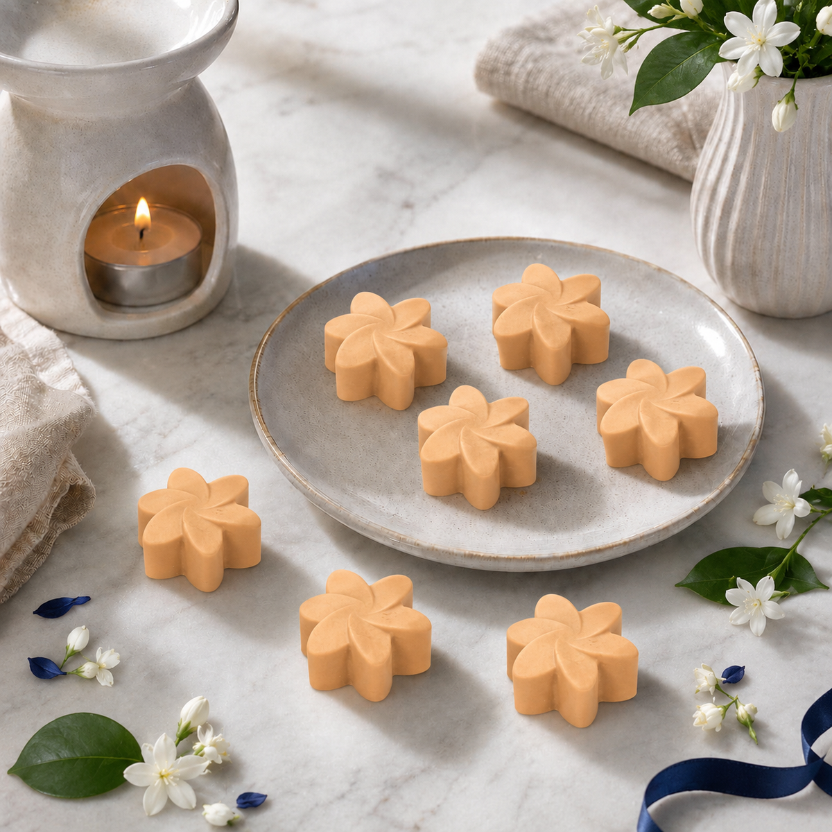 Midnight Jasmine soy wax melts beside a lit wax burner and jasmine flowers