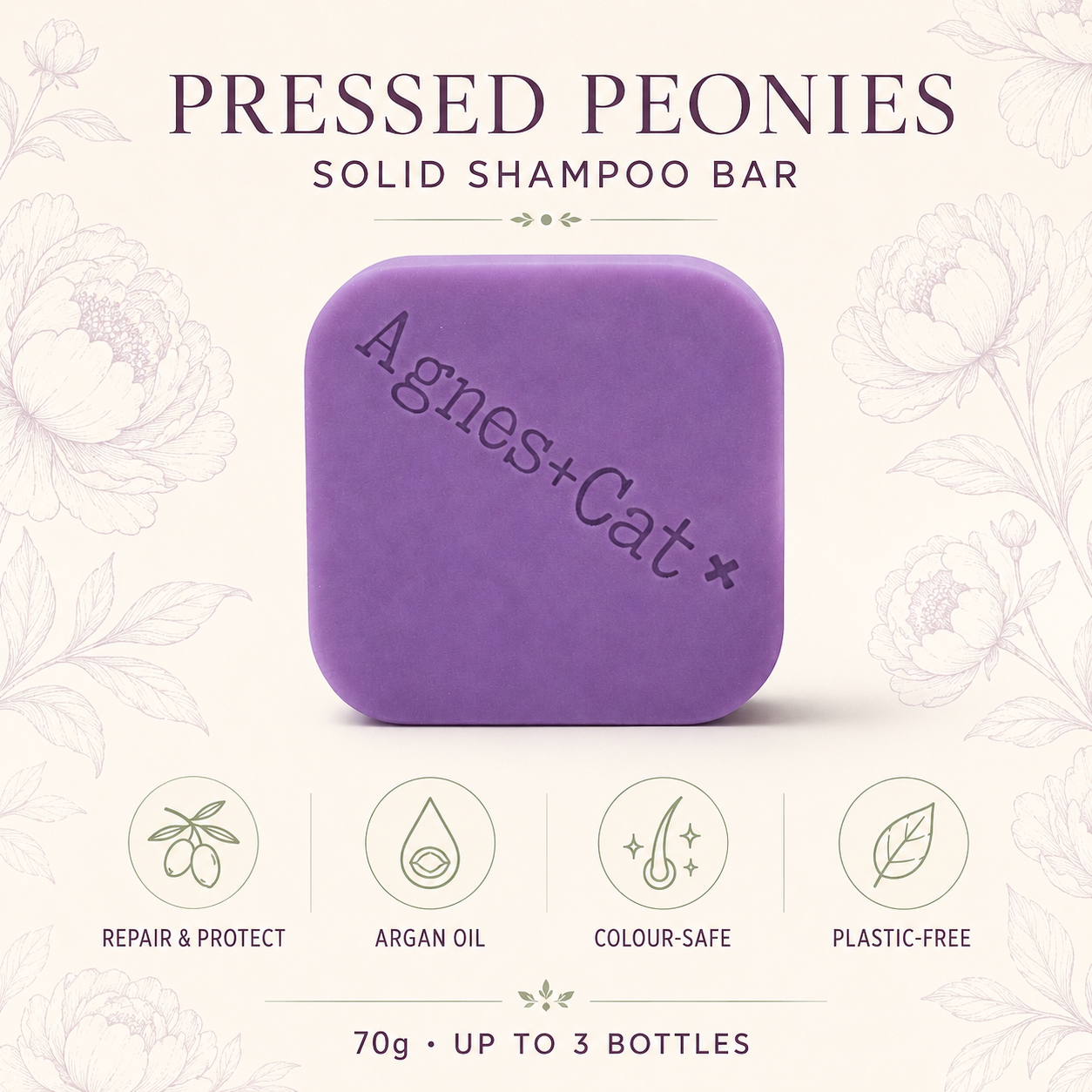 Pressed Peonies Solid Shampoo Bar infographic with argan oil, repair and colour-safe benefits