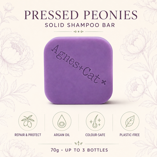 Pressed Peonies Solid Shampoo Bar infographic with argan oil, repair and colour-safe benefits