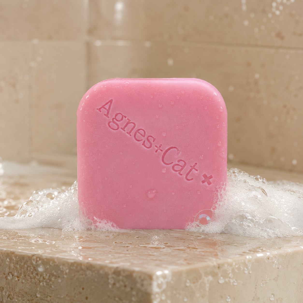 Japanese Bloom solid shampoo bar with natural foam and water droplets in a stone shower