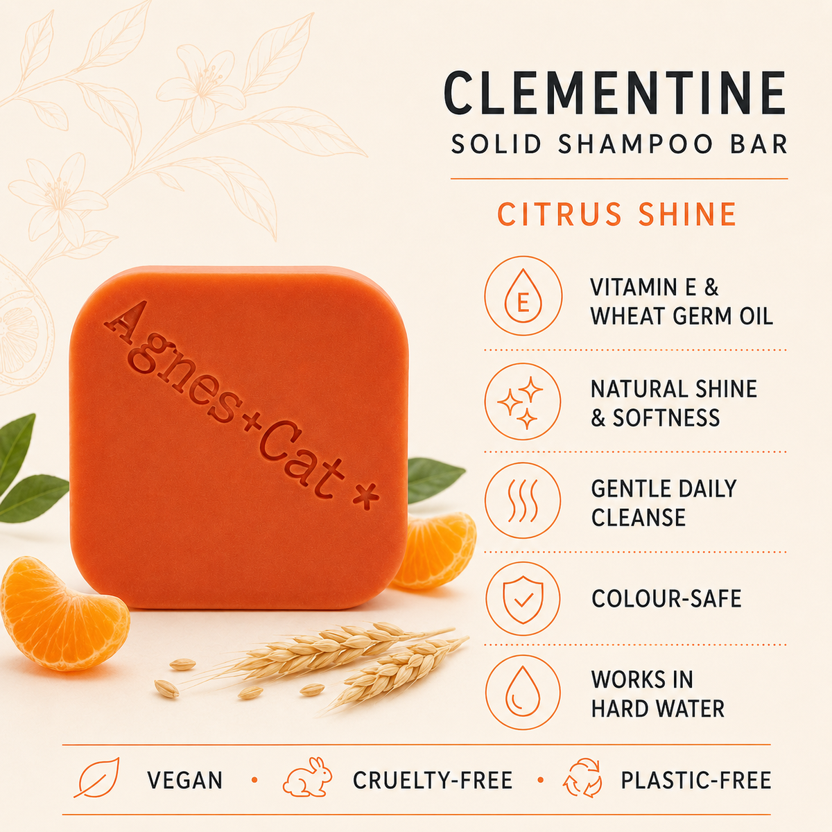 Clementine solid shampoo bar infographic with vitamin E, wheat germ oil and citrus shine benefits