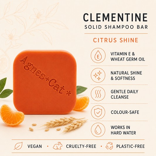 Clementine solid shampoo bar infographic with vitamin E, wheat germ oil and citrus shine benefits