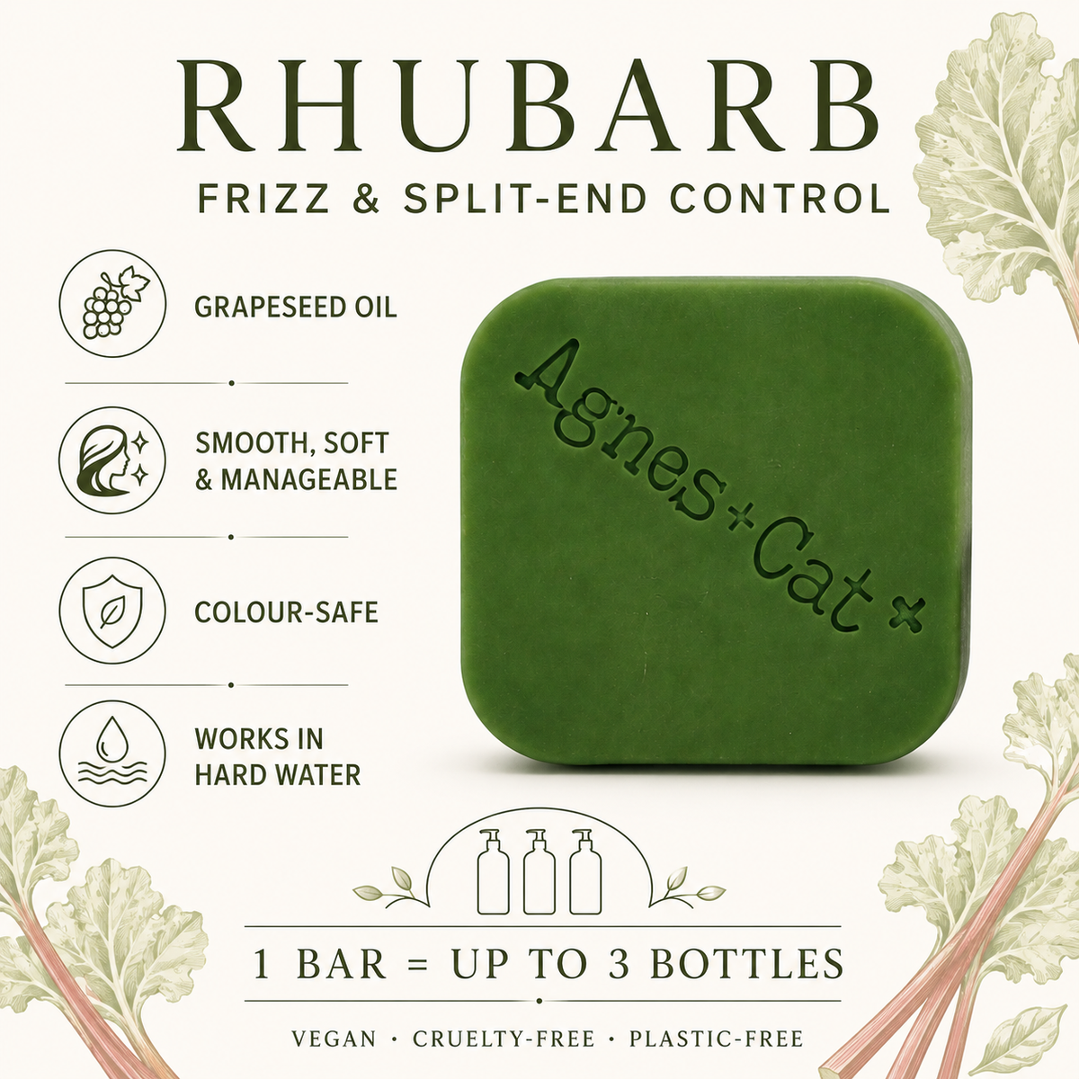 Rhubarb shampoo bar infographic for frizz control with grapeseed oil and hard-water benefits