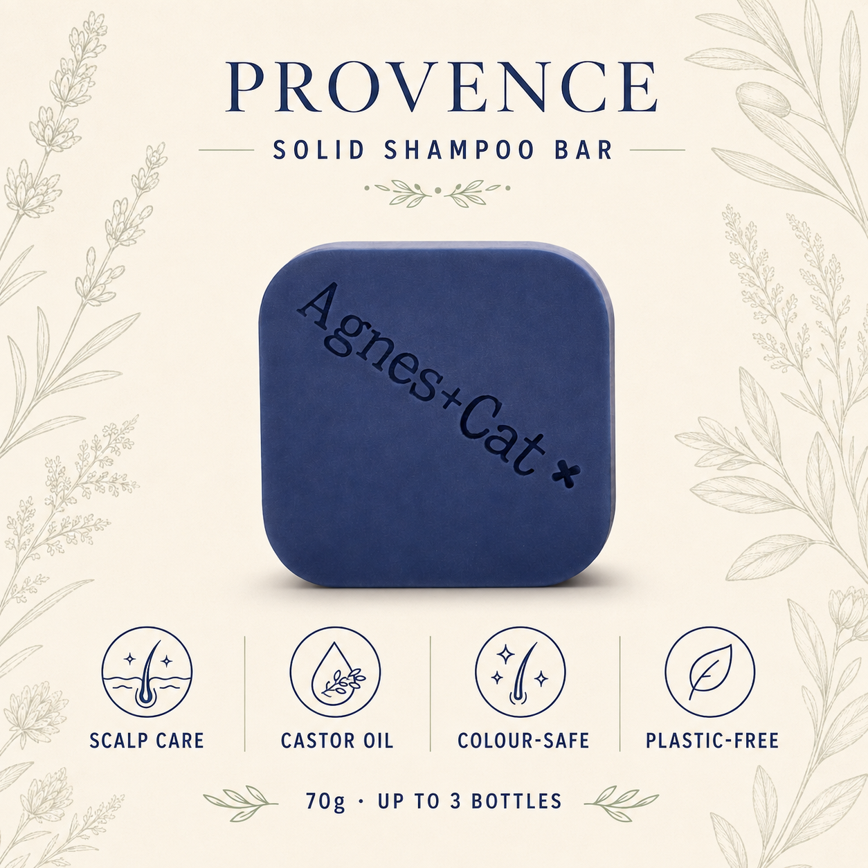Provence Solid Shampoo Bar infographic showing scalp care, castor oil, colour-safe and plastic-free benefits